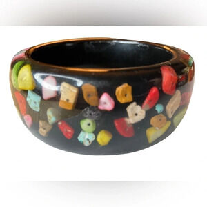 VINTAGE Heavy Thick Wide Bangle Bracelet with Pladtic Pieces ‘Cooked’ in as Deco